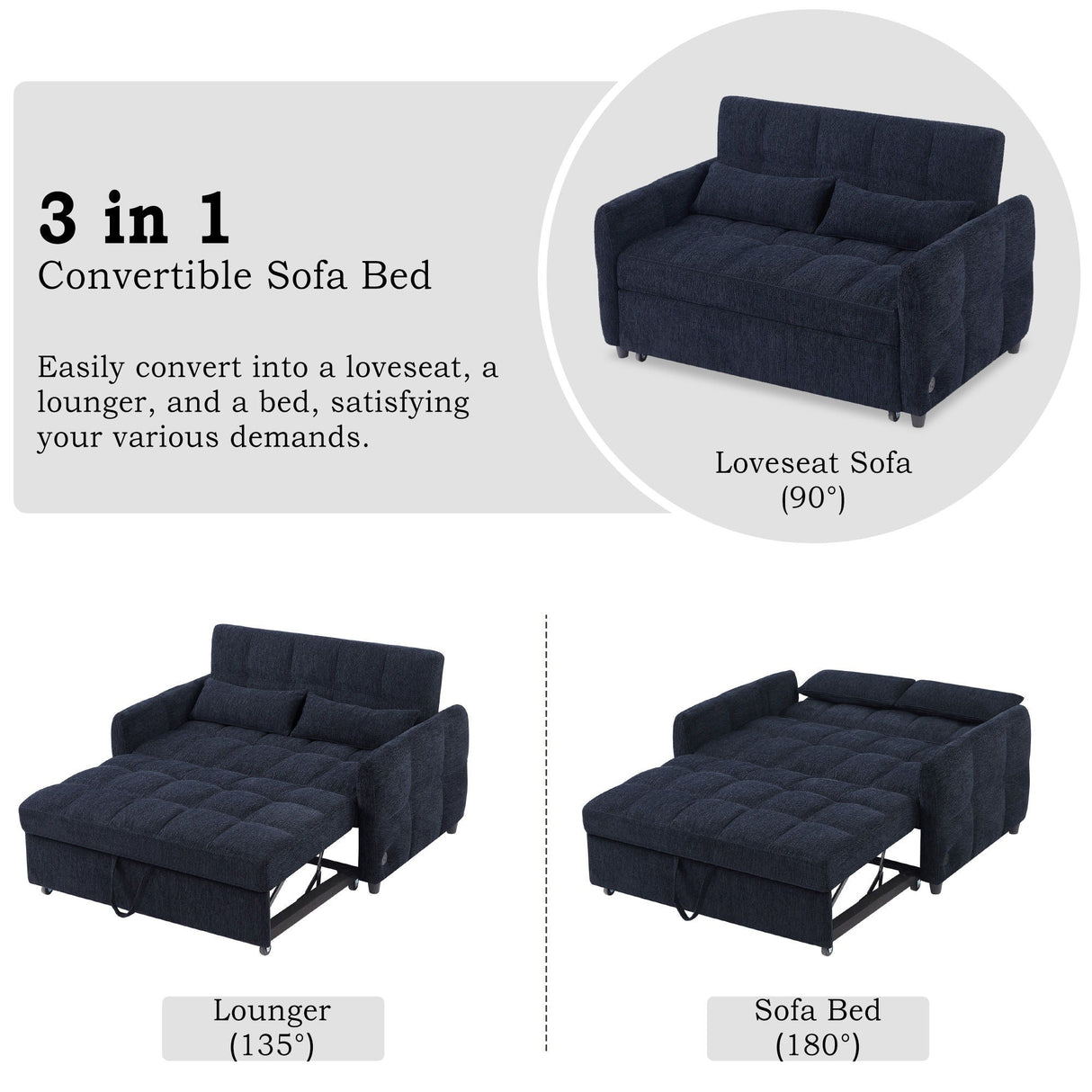 Loveseat Sofa Pull-Out Bed With Adjustable Backrest, 3 USB Ports And 2 Lumbar Pillows For Living Room by Couch.com