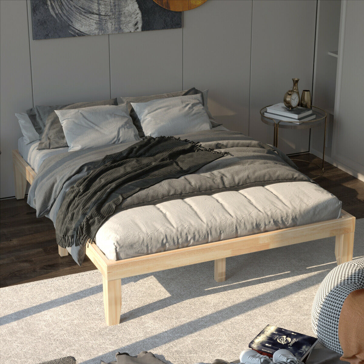 Queen Size 14 Inch Wooden Bed Mattress Frame-Brown