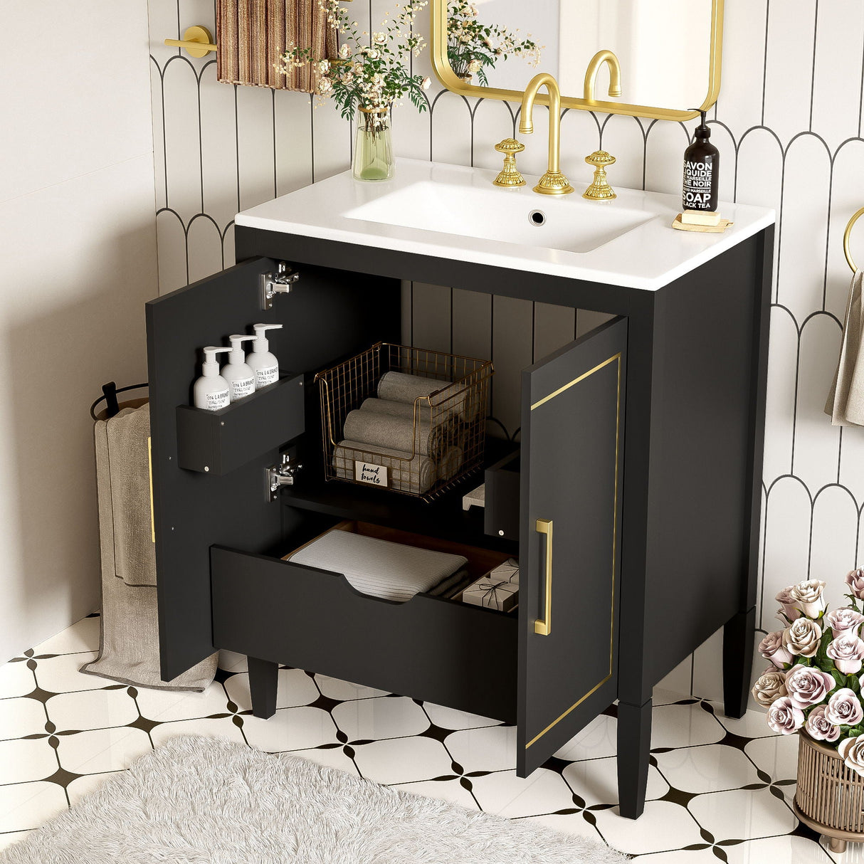 Bathroom Vanity With Ceramic Basin, Soft Close Door, Built-In Hidden Drawer - Black by Couch.com