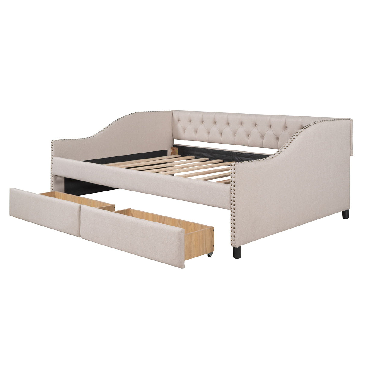 Upholstered Daybed With Two Drawers, Wood Slat Support by Couch.com