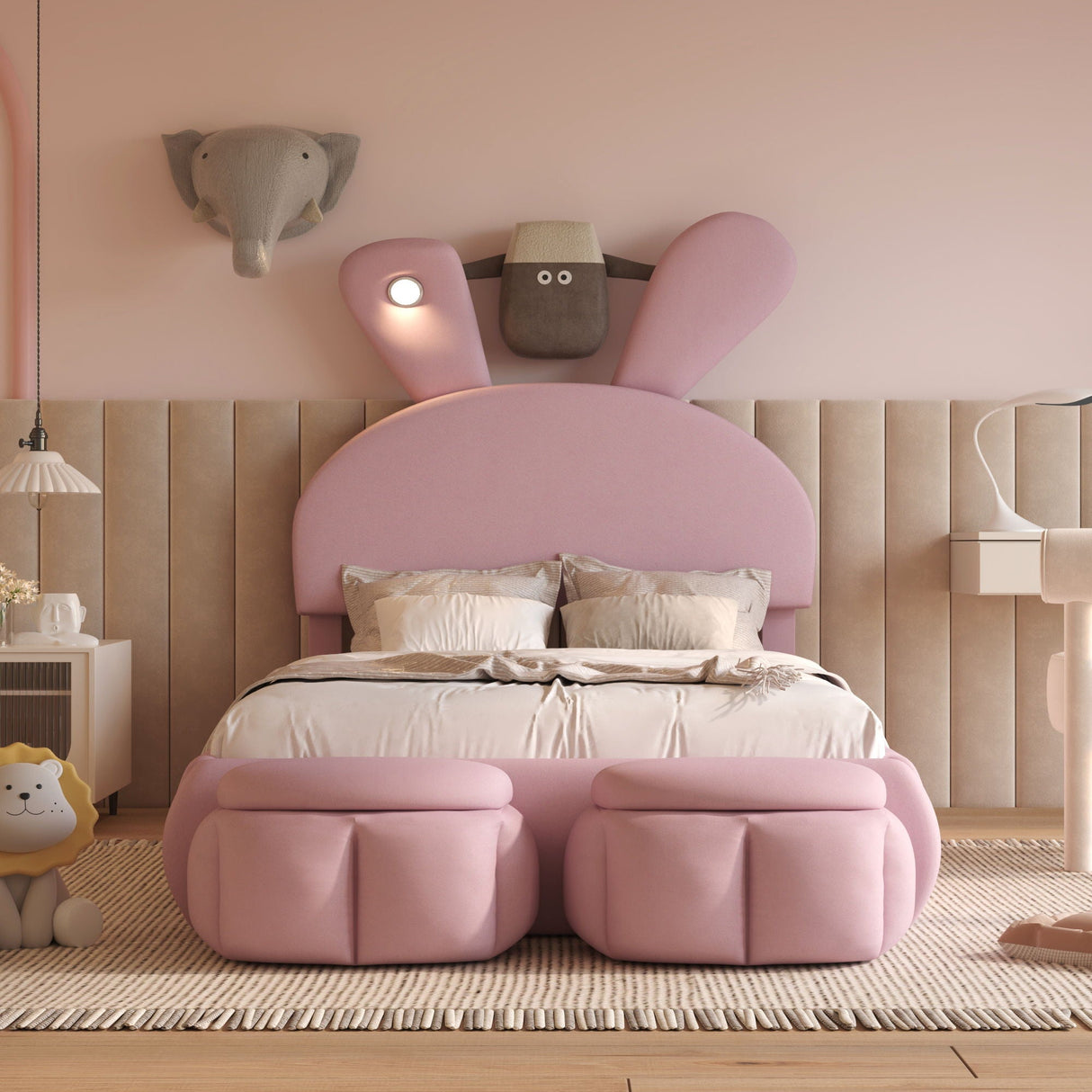 Twin Size Upholstered Platform Bed With Cartoon Ears Shaped Headboard And Light - Pink by Couch.com