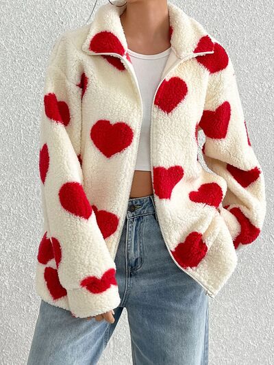 Cute Heart Zip Up Drop Shoulder Furry Jacket Cozy & Trendy Cold-Weather Essential Warm Soft Winter Jacket For Your Girl