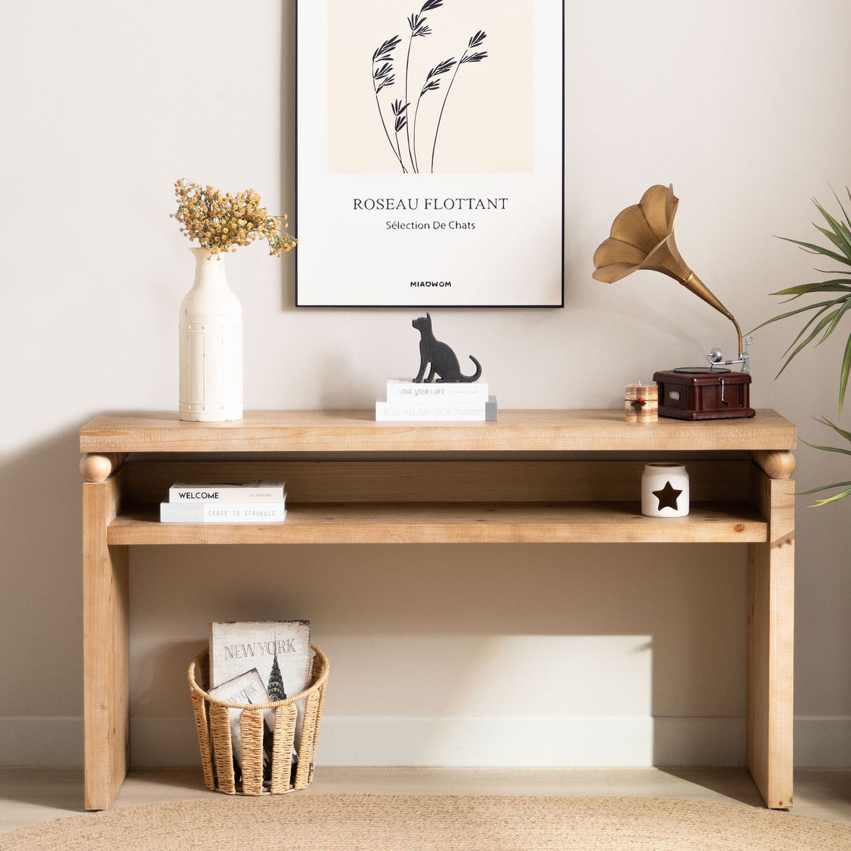 Modern Rustic Console Table – 59” Wood Entryway Table with Shelf & Decorative Bead Detail