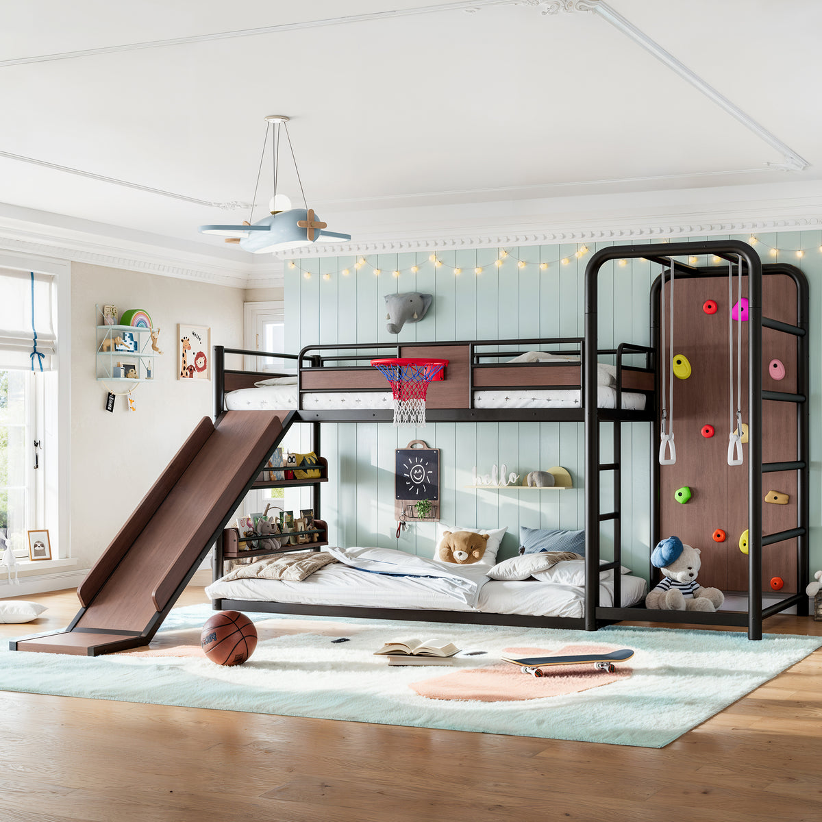Twin size metal loft/bunk bed with basketball hoop, pull-up rings, climbing wall, and built-in bookshelves. Playful children's design featuring a slide,Black.