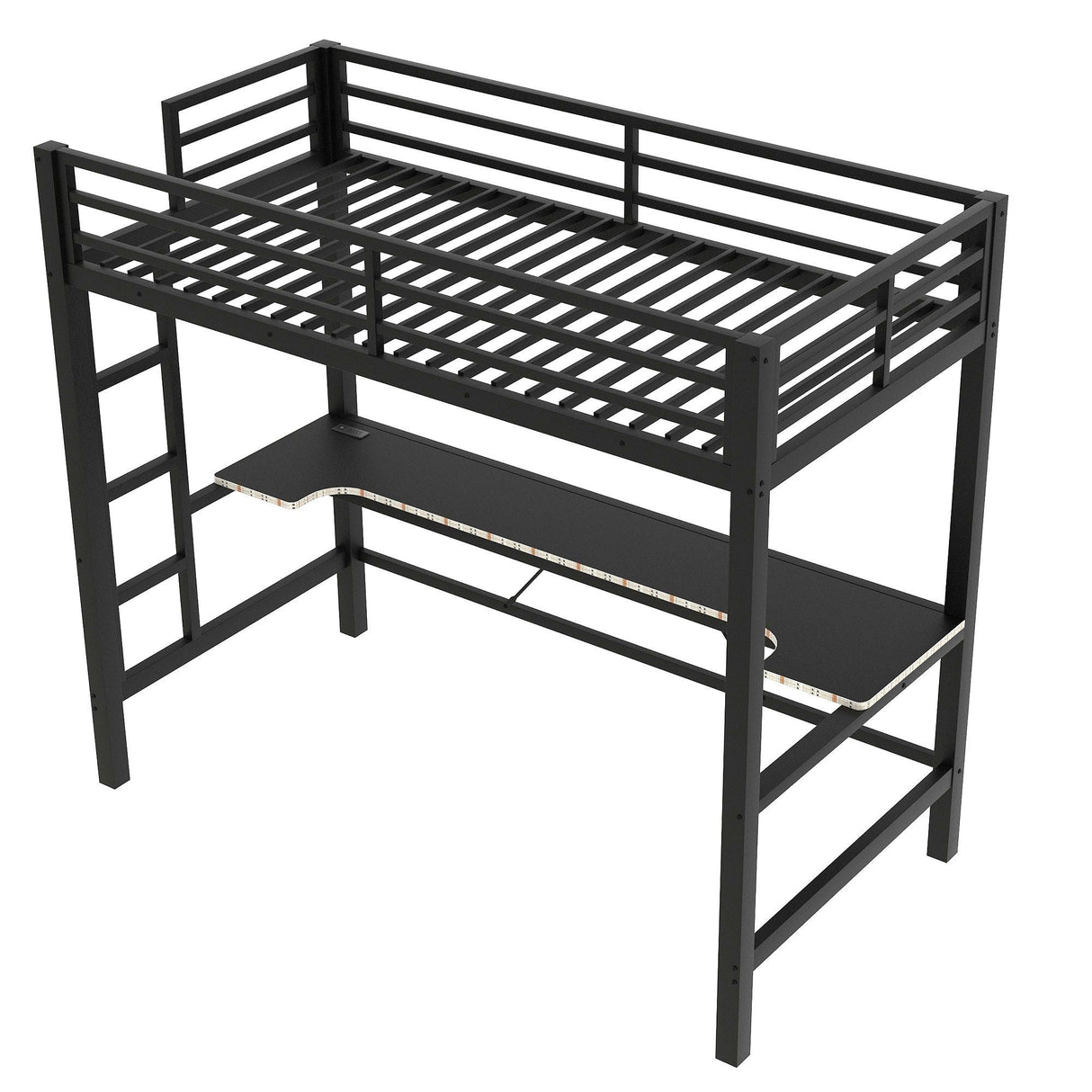 Twin Size Gaming Metal Loft Bed Frame With LED Light And Desk - Black by Couch.com