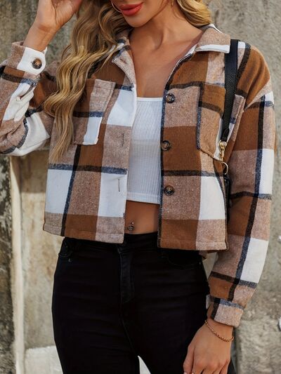 Women Brown Plaid Collared Neck Cropped Jacket Trendy & Versatile Outerwear