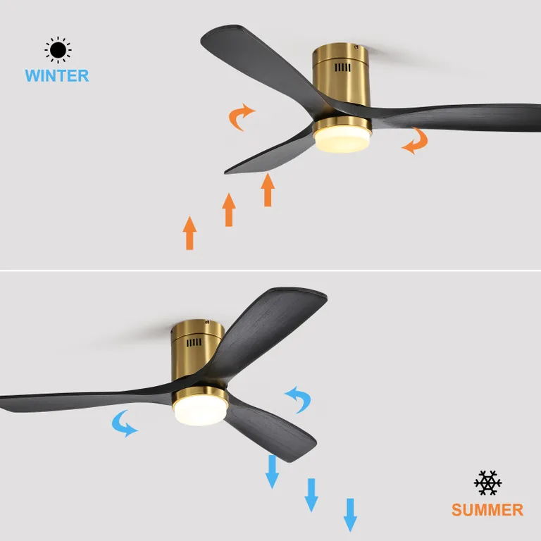 Flush Mount Ceiling Fan With 3 Solid Wood Blades Remote Control Reversible DC Motor For Living Room - Gold by Couch.com