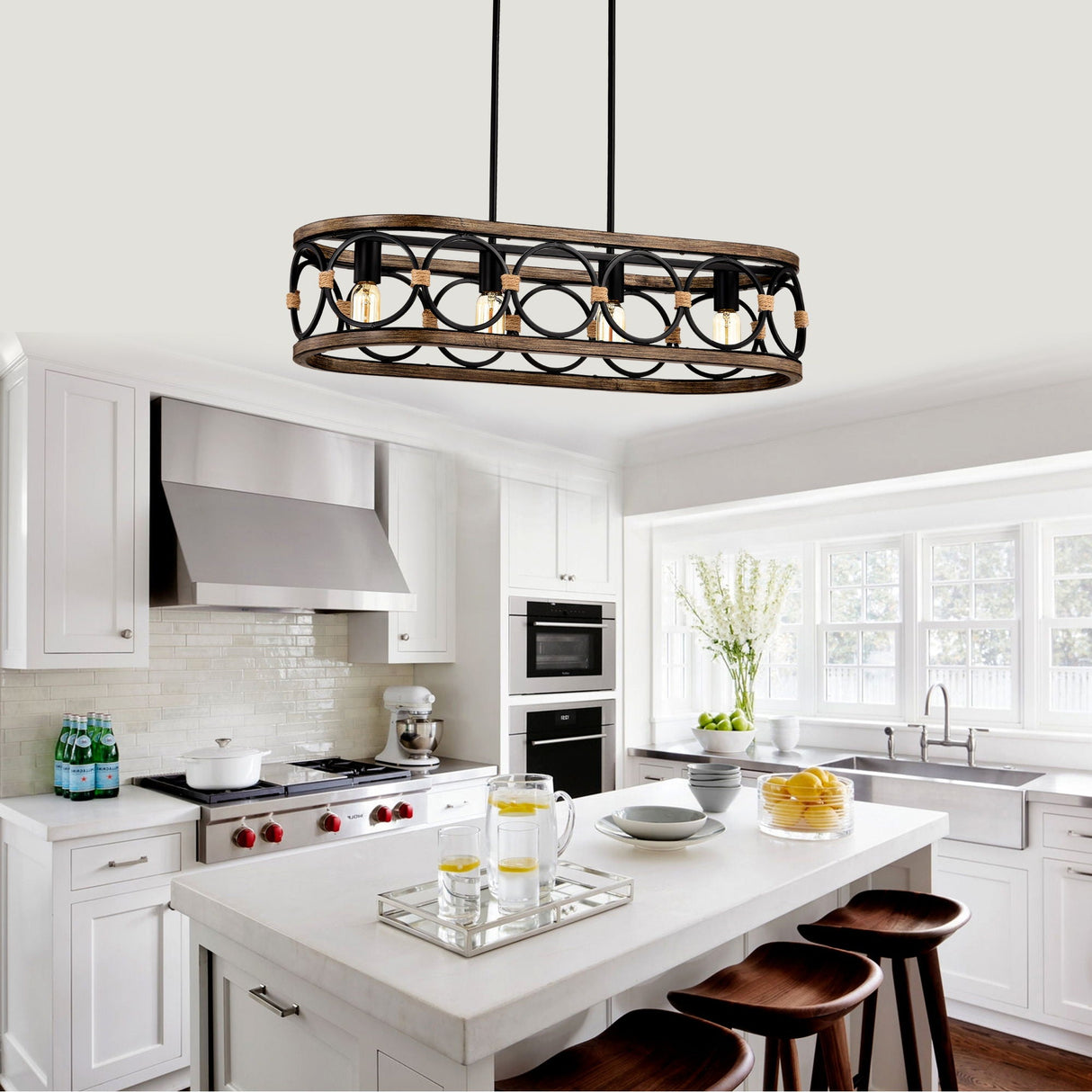 4 Light Rectangular Ellipse Pendant Lights Kitchen Island, Metal Farmhouse Kitchen Pendant Lights, Adjustable Height, Modern Industrial Chandelier For Living Room, Dining Room - Matte Black / Natural by Couch.com