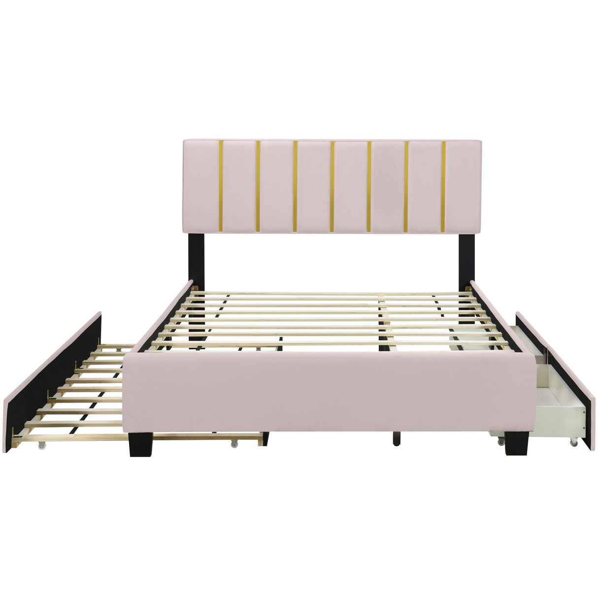 Upholstered Platform Bed With 2 Drawers And 1 Trundle, Classic Strip Headboard Design by Couch.com