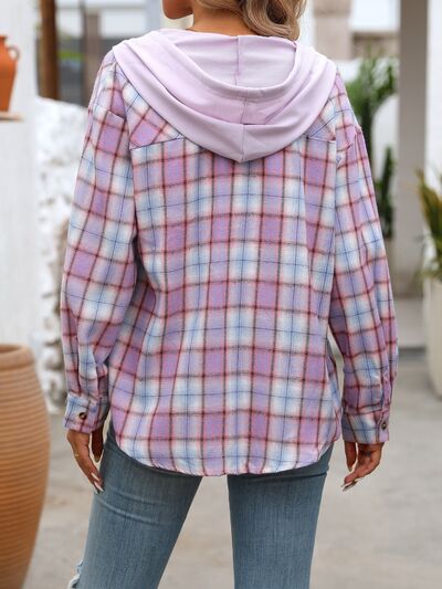 Plaid Buttoned Long Sleeve Hooded Jacket for Women – Cozy & Stylish Cotton-Blend Outerwear