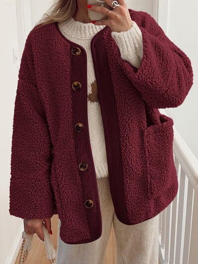 Modern Cozy Women Luxuriously Cozy Contrast Button Up Sherpa Jacket with Pockets For Fall & Winter