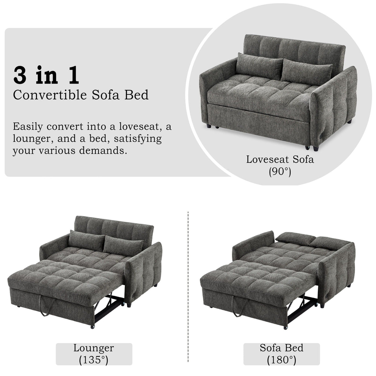 Loveseat Sofa Pull-Out Bed With Adjustable Backrest, 3 USB Ports And 2 Lumbar Pillows For Living Room by Couch.com
