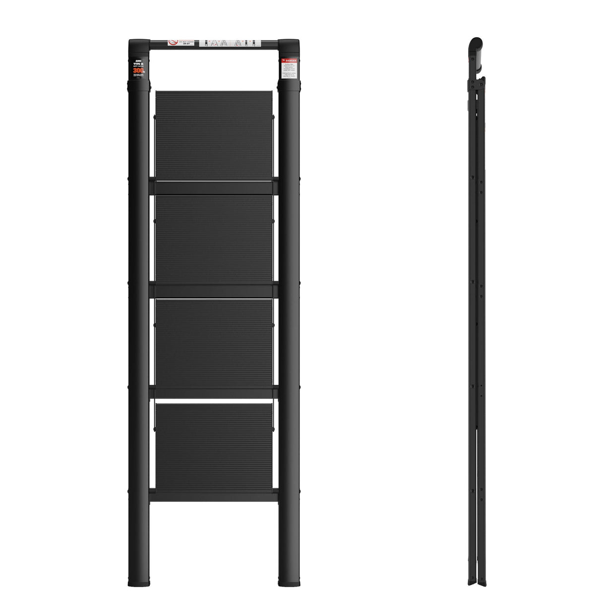 4 Step Ladder, Retractable Handgrip Folding Step Stool With Anti-Slip Wide Pedal, Aluminum Step Ladders 4 Steps, 300Lbs Safety Household Ladder - Black by Couch.com