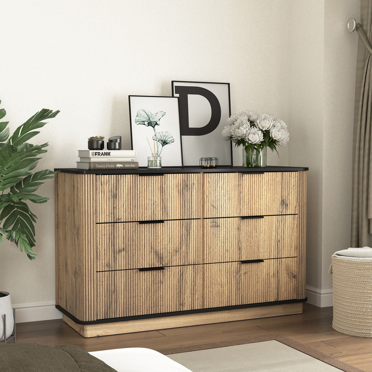 Modern 6 Drawer Cabinet With Metal Rounded Corners And Exquisite Handles Multi Functional Storage - Natural Wood by Couch.com