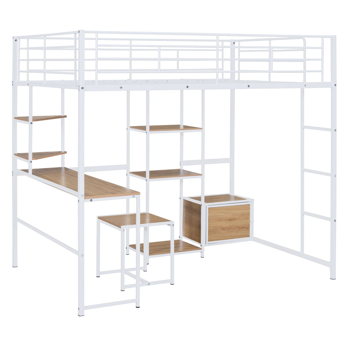 Full Size Loft Bed With Desk And Stool, With Open Style Wardrobe, Shelves And Cabinet - White by Couch.com