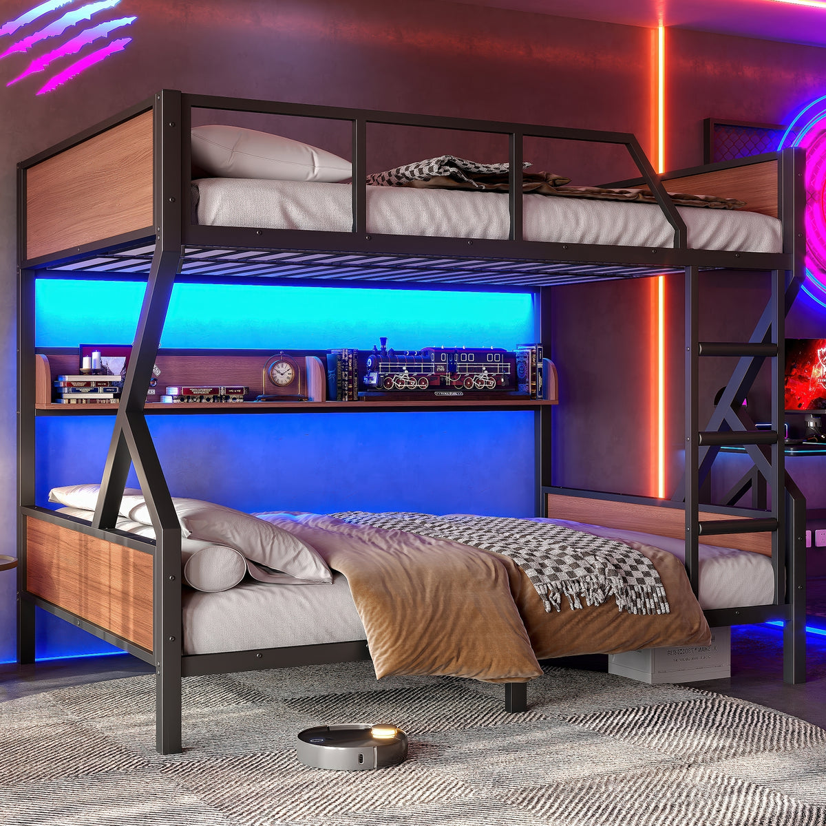 Full over Full Bunk Bed, Metal Bunk Bed featuring Storage Shelves and Lights, Space-Saving, Noise-Free Design, Black