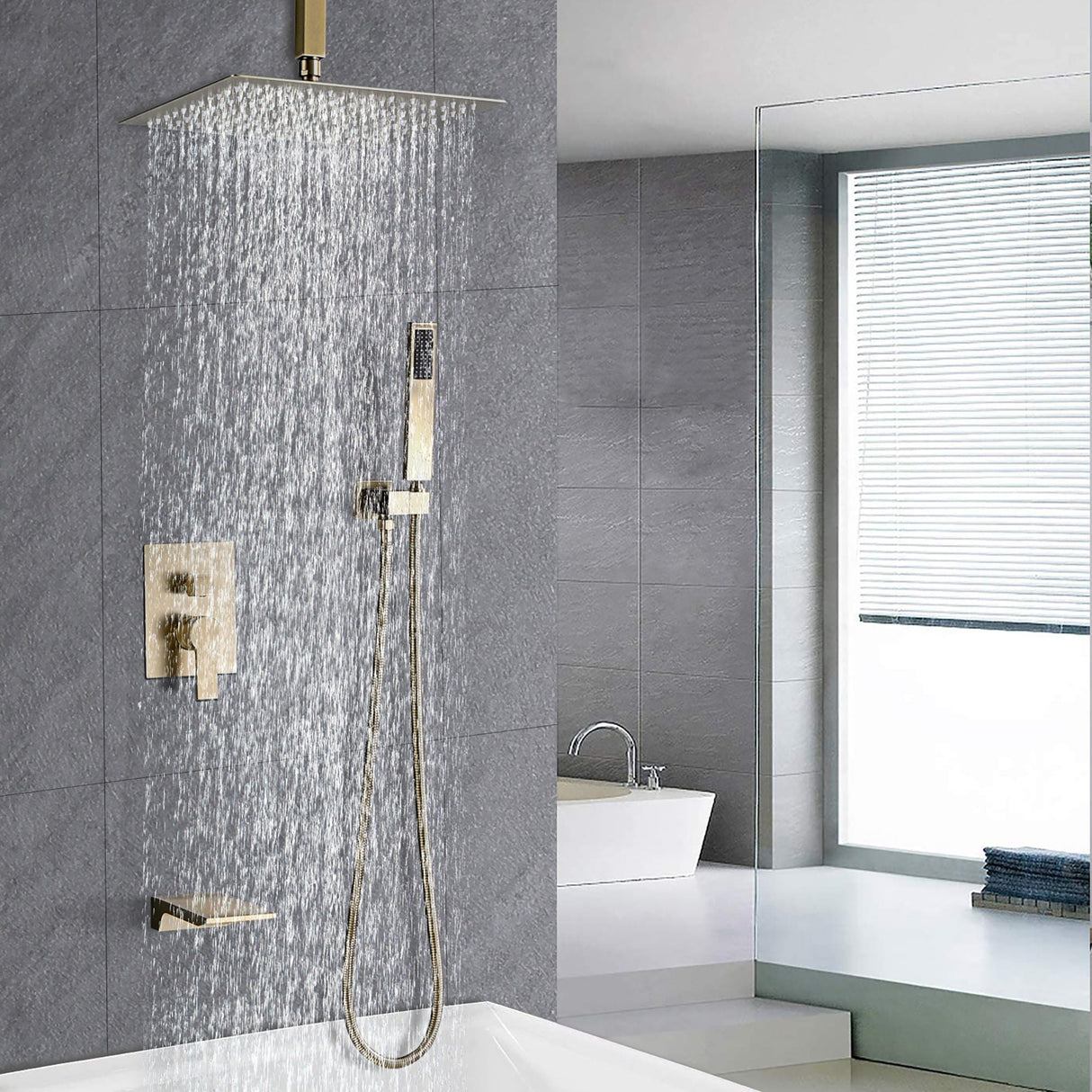Contemporary Shower System With Rainfall Head And Handheld Spray, Wall Mounted by Couch.com