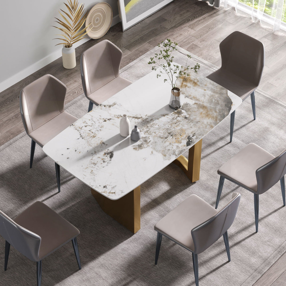 63" Artificial Stone Pandora White Curved Golden Metal Leg Dining Table, 6 People - Antique White / Gold by Couch.com