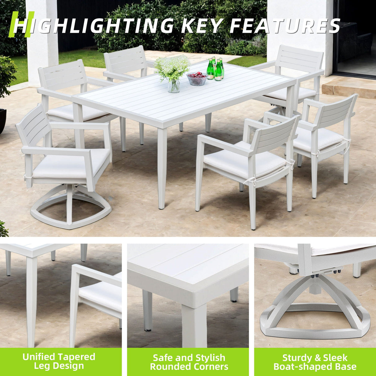 7 Piece Dining Set Modern Outdoor Patio Furniture, Including 4 Dining Chairs & 2 Swivel Rockers Sunbrella Fabric Cushioned And Rectangle Dining Table With Umbrella Hole by Couch.com