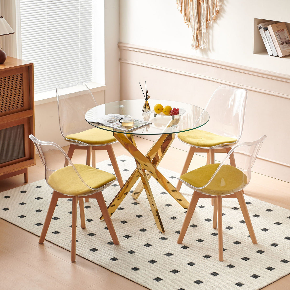 5 Pieces Dining Set, Table Metal Leg Dining Table For 4 - 6 People With Glass Table Top, Pedestal Dining Table, End Table Leisure Coffee Table - Golden by Couch.com