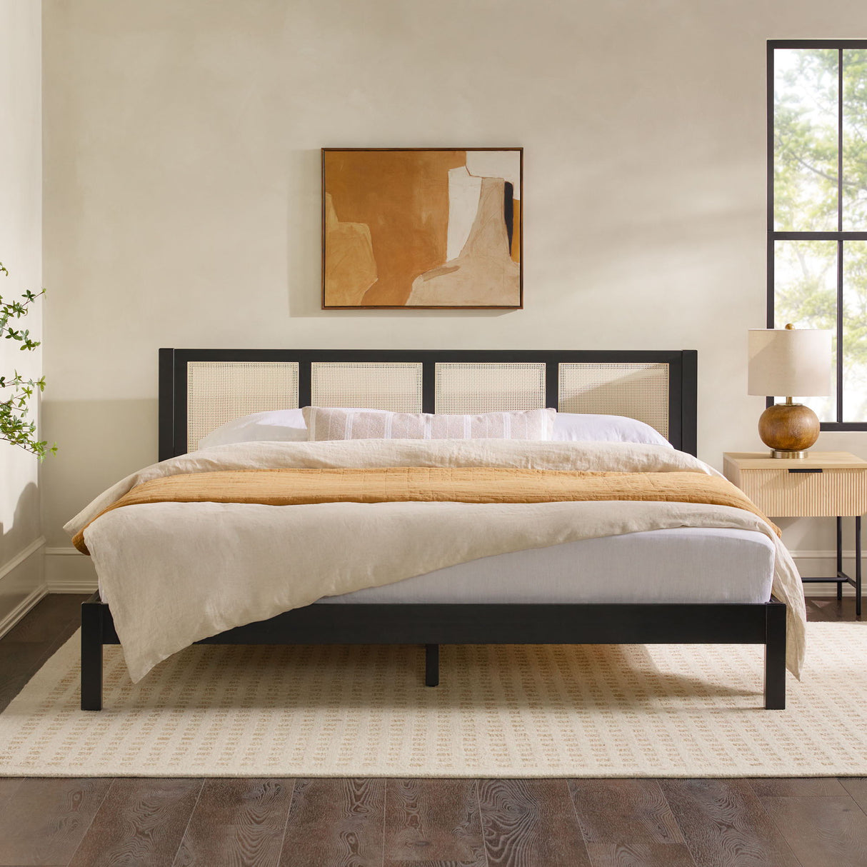 King Bed With Rattan Panel Headboard - Black by Couch.com