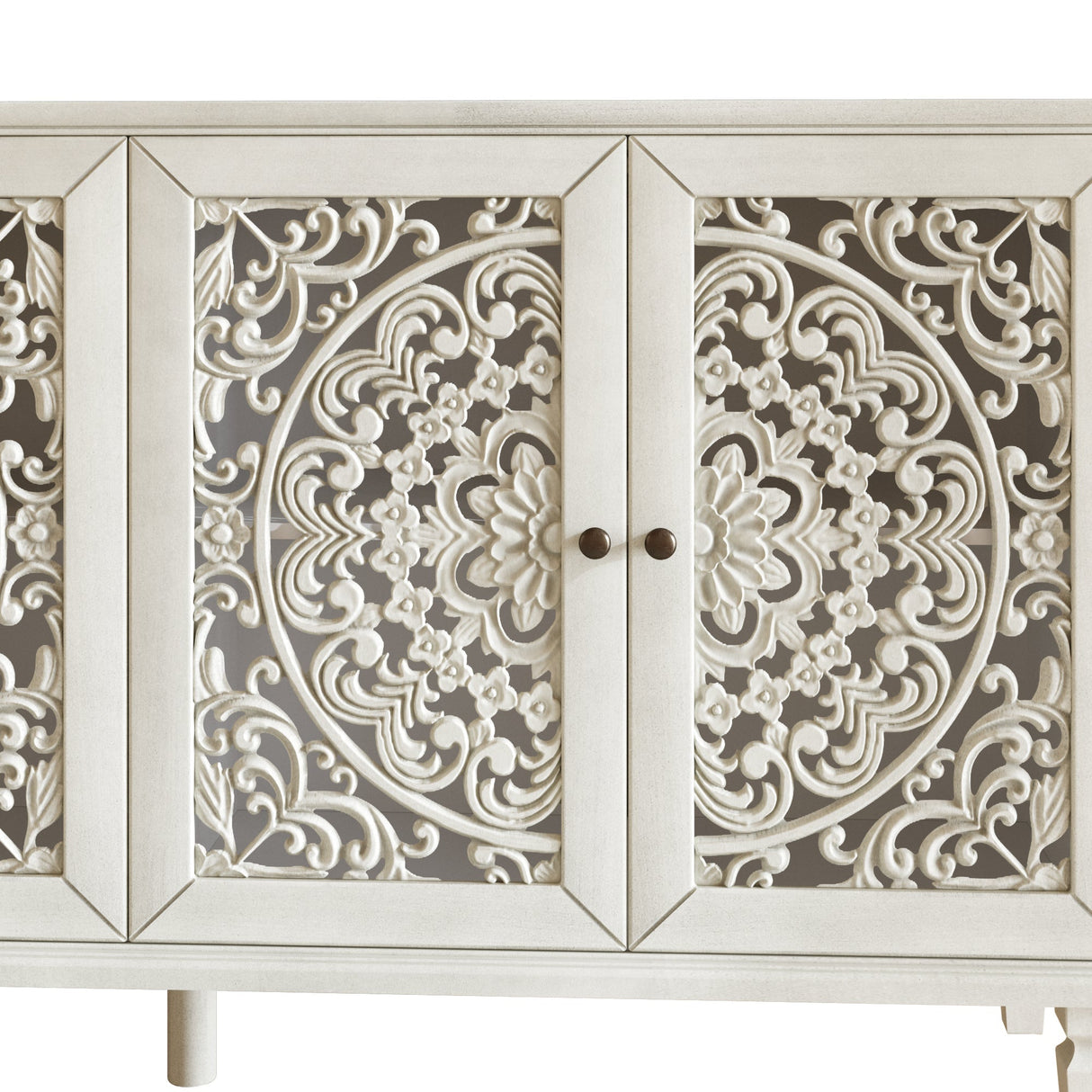 60" Antique Buffet Cabinet with Floral Carvings and Solid Wood Legs