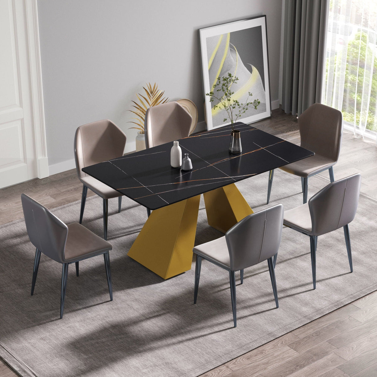 63" Modern Artificial Stone Black Straight Edge Golden Metal Leg Dining Table, 6 People - Black / Gold by Couch.com