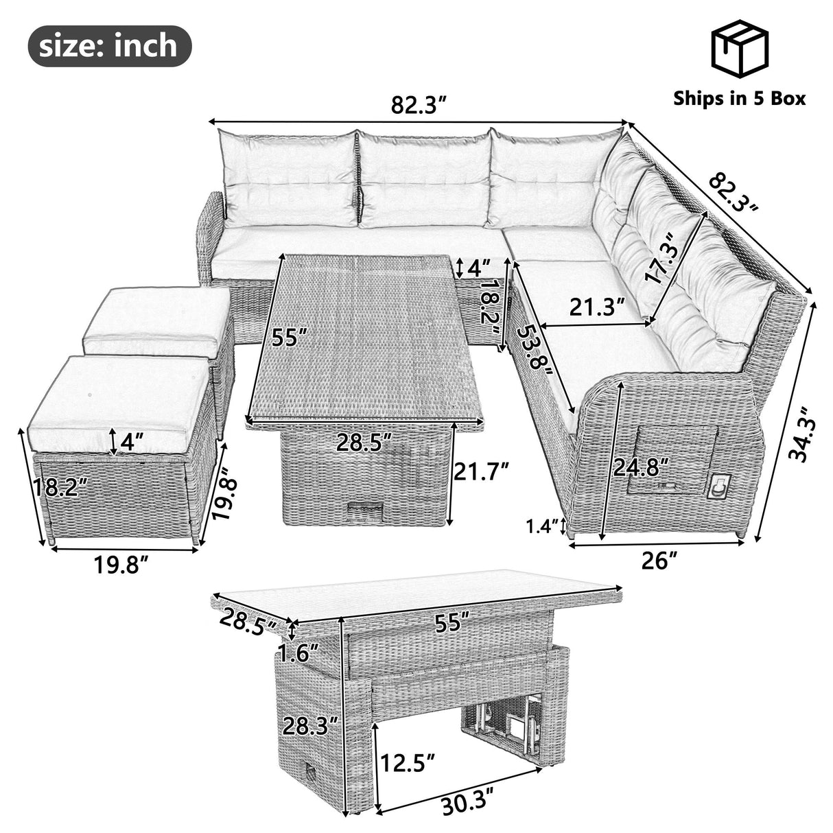 Outdoor Furniture Set Patio Rattan Furniture Set With Adjustable Table, Recliners With Extendable Side Tables And 2 Ottomans by Couch.com