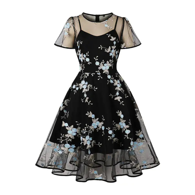 Elegant 1950s Embroidered Mesh Retro Party Dress