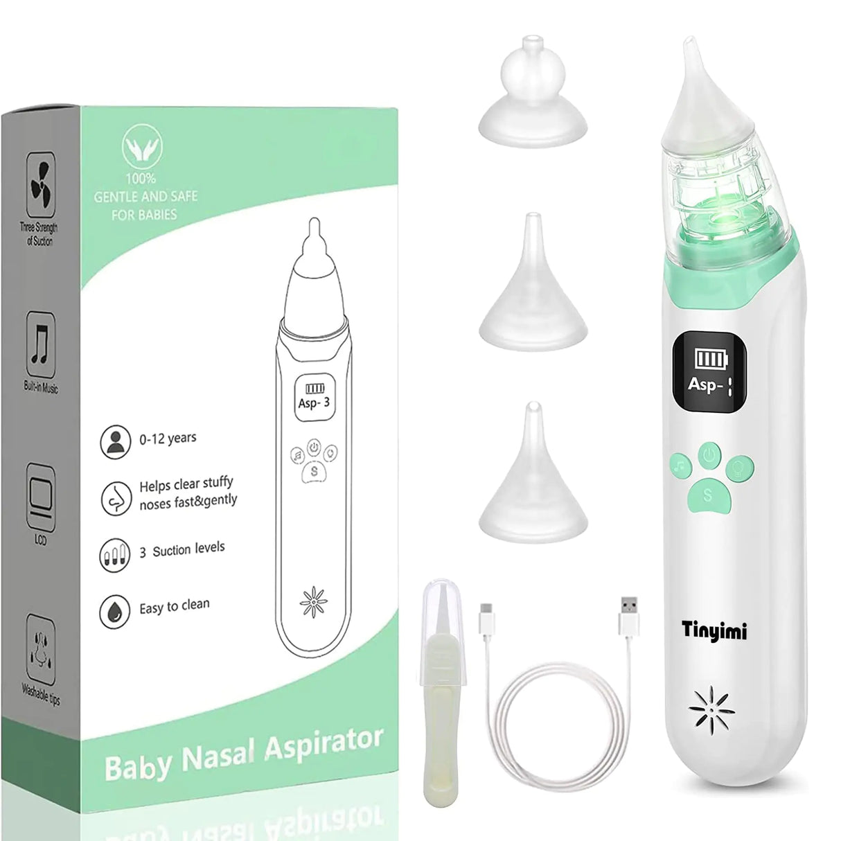 Baby Nasal Aspirator - Safe Quick and Hygienic Nose Cleaner with Pause Music and Light Soothing Functions - 3 Silicone Tips Adjustable Suction Level