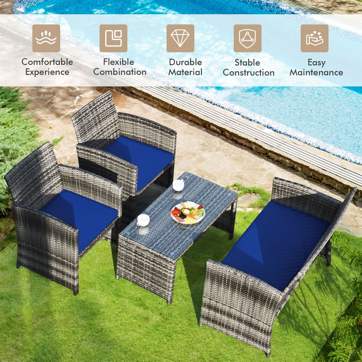 4 Pcs Patio Rattan Furniture Set Top Sofa With Glass Table-White