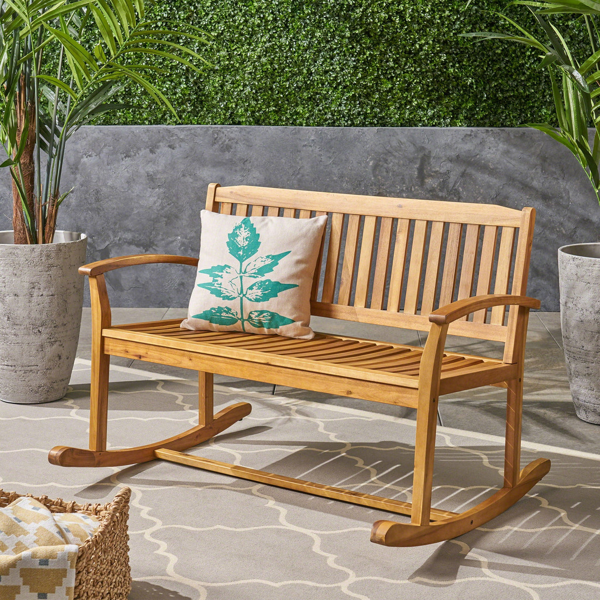 Outdoor Rocking Loveseat With Acacia Wood Frame - Natural by Couch.com