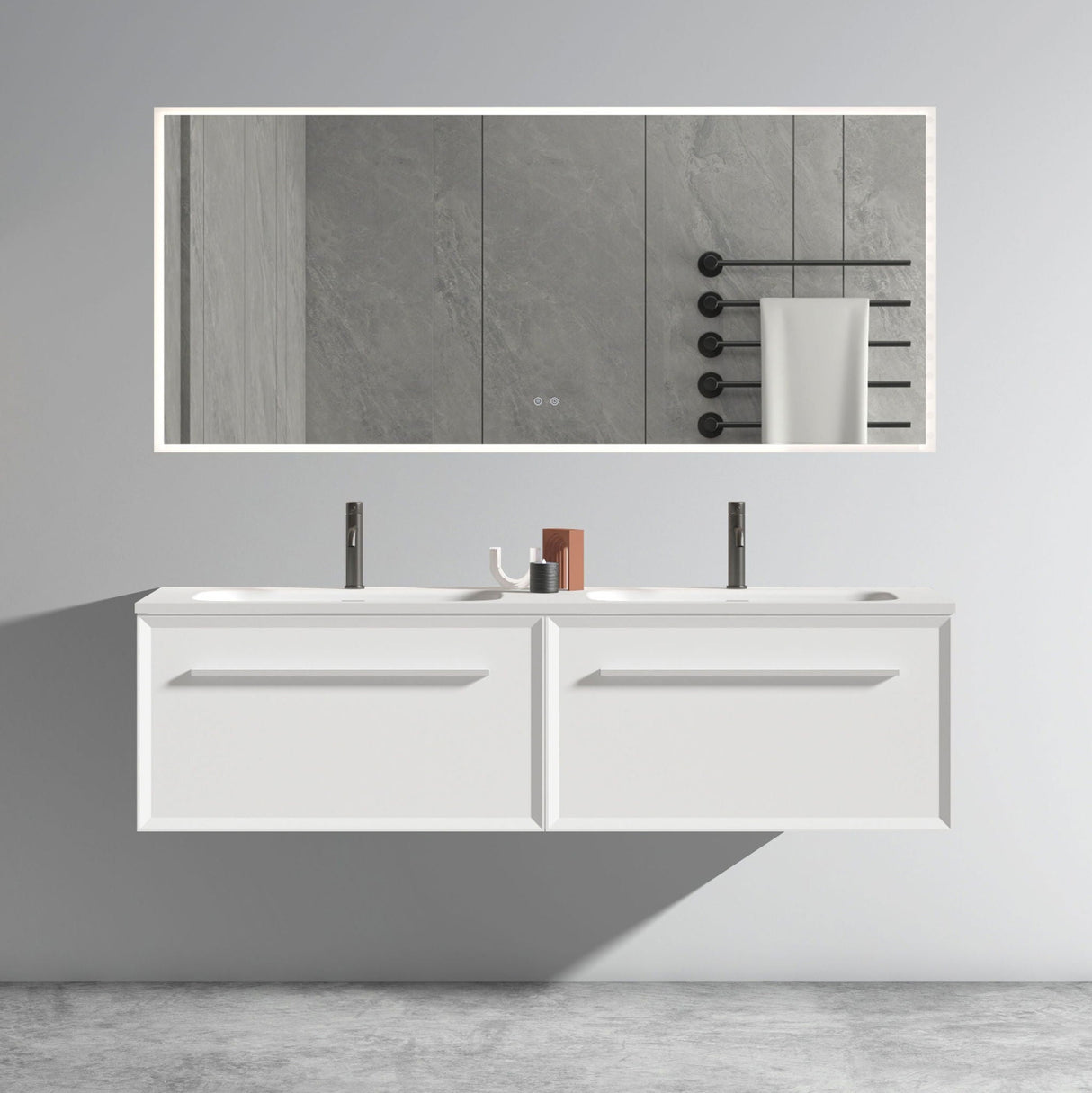 U052-Nevia60W-206 Nevia Bathroom Vanity With Automatic LED Drawer Light, Wall Mounted Bathroom Vanity With Integrated Solid Surface Sink, Without Drain - Snow White by Couch.com