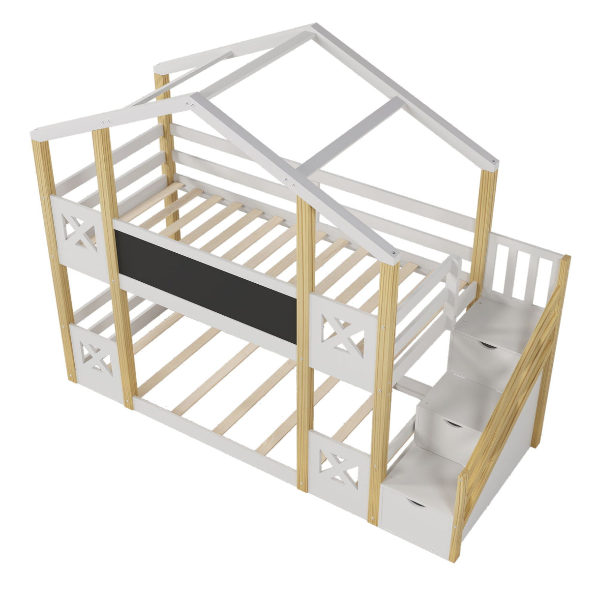 Twin Over Twin House Bunk Bed With White Storage Staircase And Blackboards - White by Couch.com