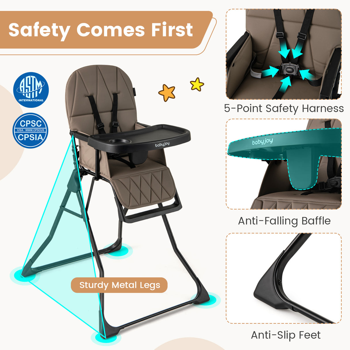 Easy Clean Compact Highchair with Removable Adjustable Tray and PU Seat Cushion-Brown