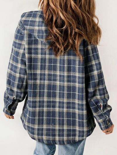 Plaid Snap Down Plush Hooded Jacket Soft & Warm Women Outerwear Cozy And Comfortable Jacket