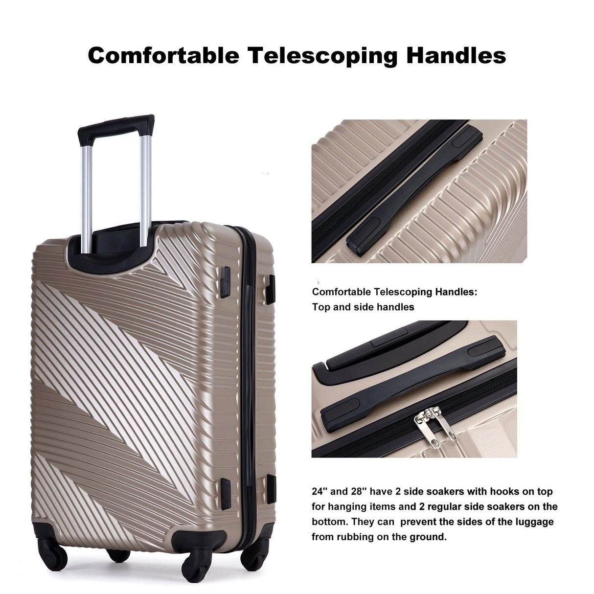 A beige suitcase with a textured diagonal striped pattern features telescoping top and side handles, spinner wheels, zipper, lock, and side handles. The 3 Piece Luggage Set includes lightweight suitcases with two hooks for enhanced protection and convenience.