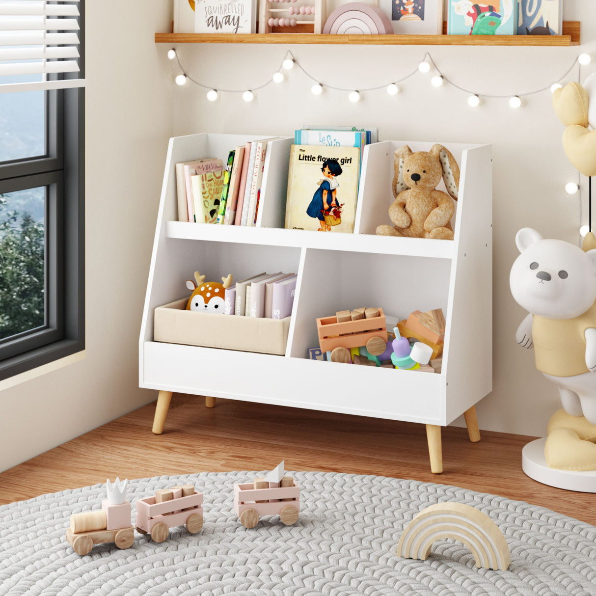 Kids Bookshelf And Toy Organizer, 5 Cubbies Wooden Open Bookcase, 2-Tier Baby Storage Display Organizer With Legs, Free Standing For Playing Room, Bedroom, Nursery, Classroom - White by Couch.com