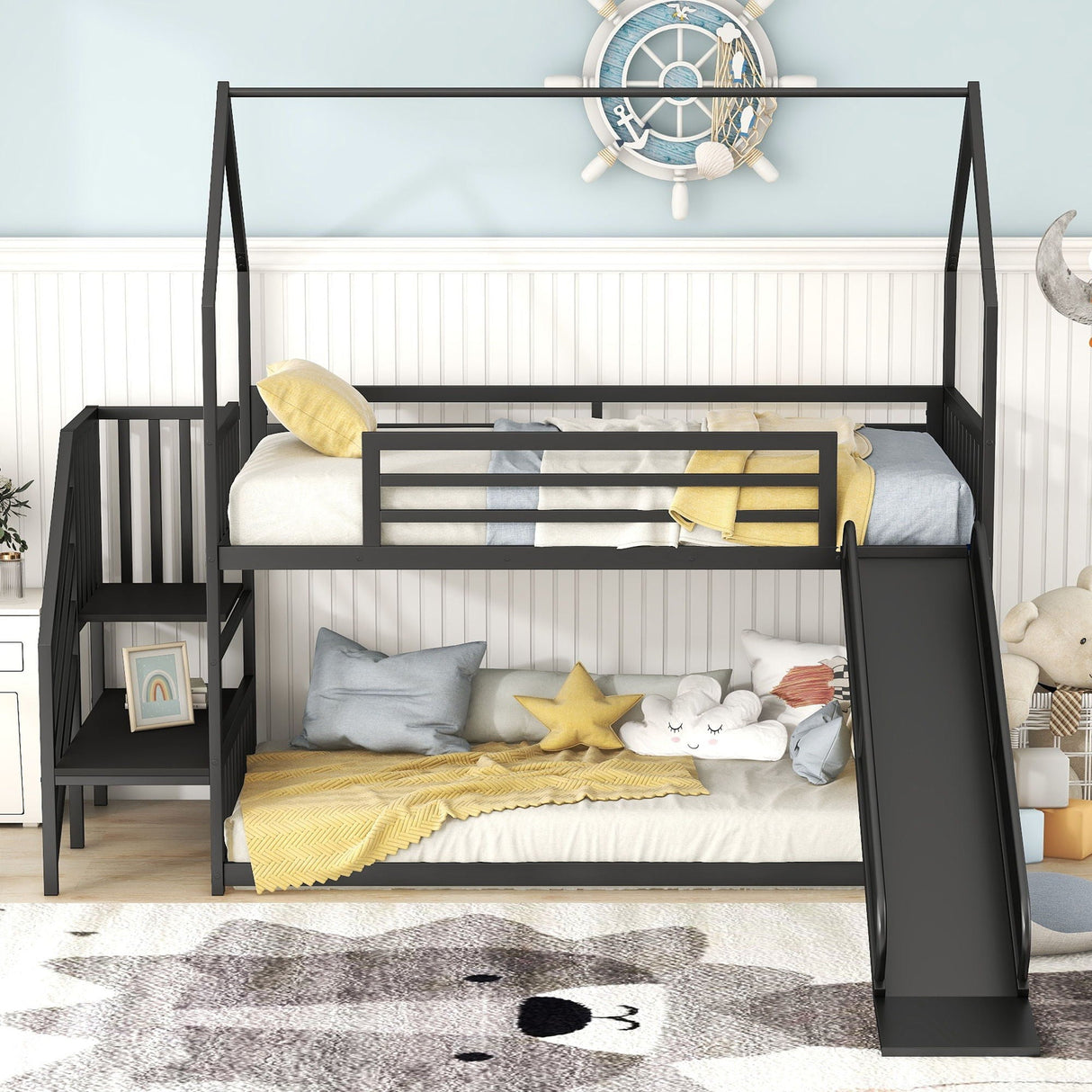Twin Over Twin Metal Bunk Bed House Bed With Slide And Staircase by Couch.com