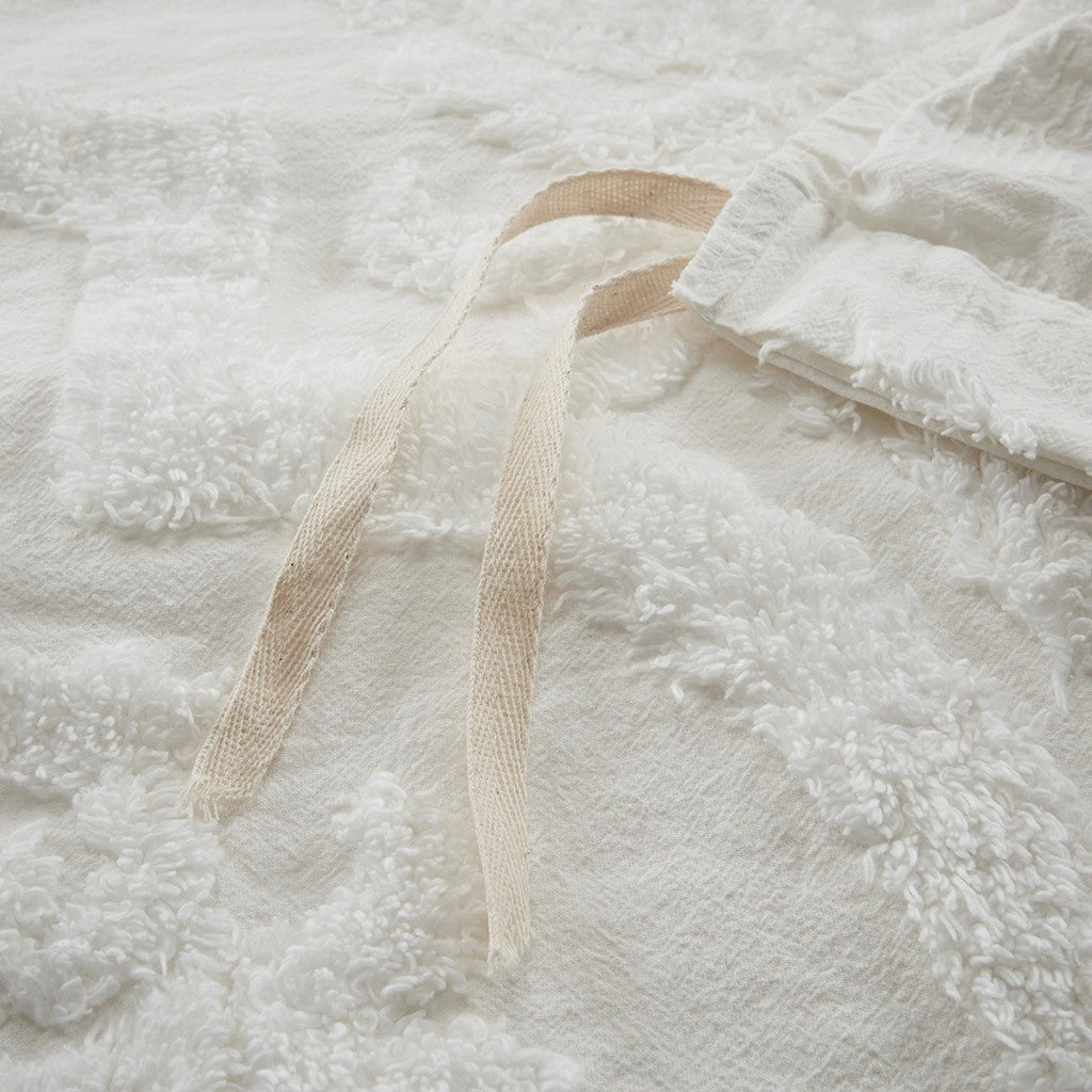 Full/Queen Tufted Cotton Chenille Damask Duvet Cover Set