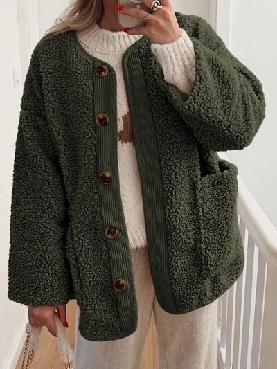 Modern Cozy Women Luxuriously Cozy Contrast Button Up Sherpa Jacket with Pockets For Fall & Winter