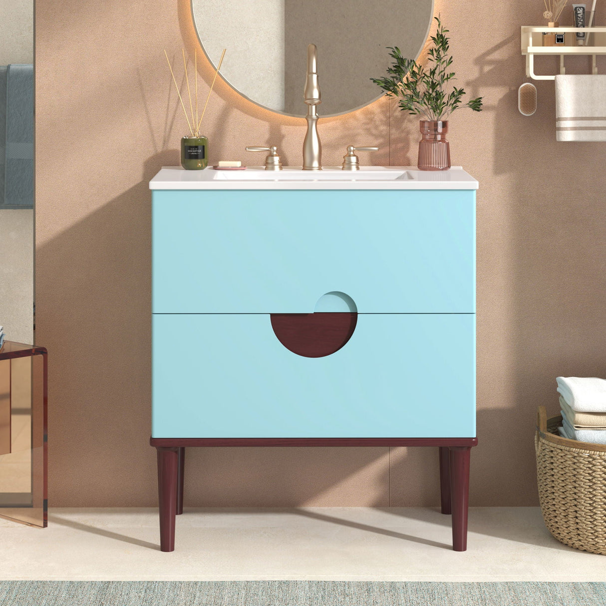Bathroom Vanity Cabinet With Ceramic Sink Combo Set, Frame Modern Bathroom Storage Cabinet With 2 Drawers - Blue by Couch.com