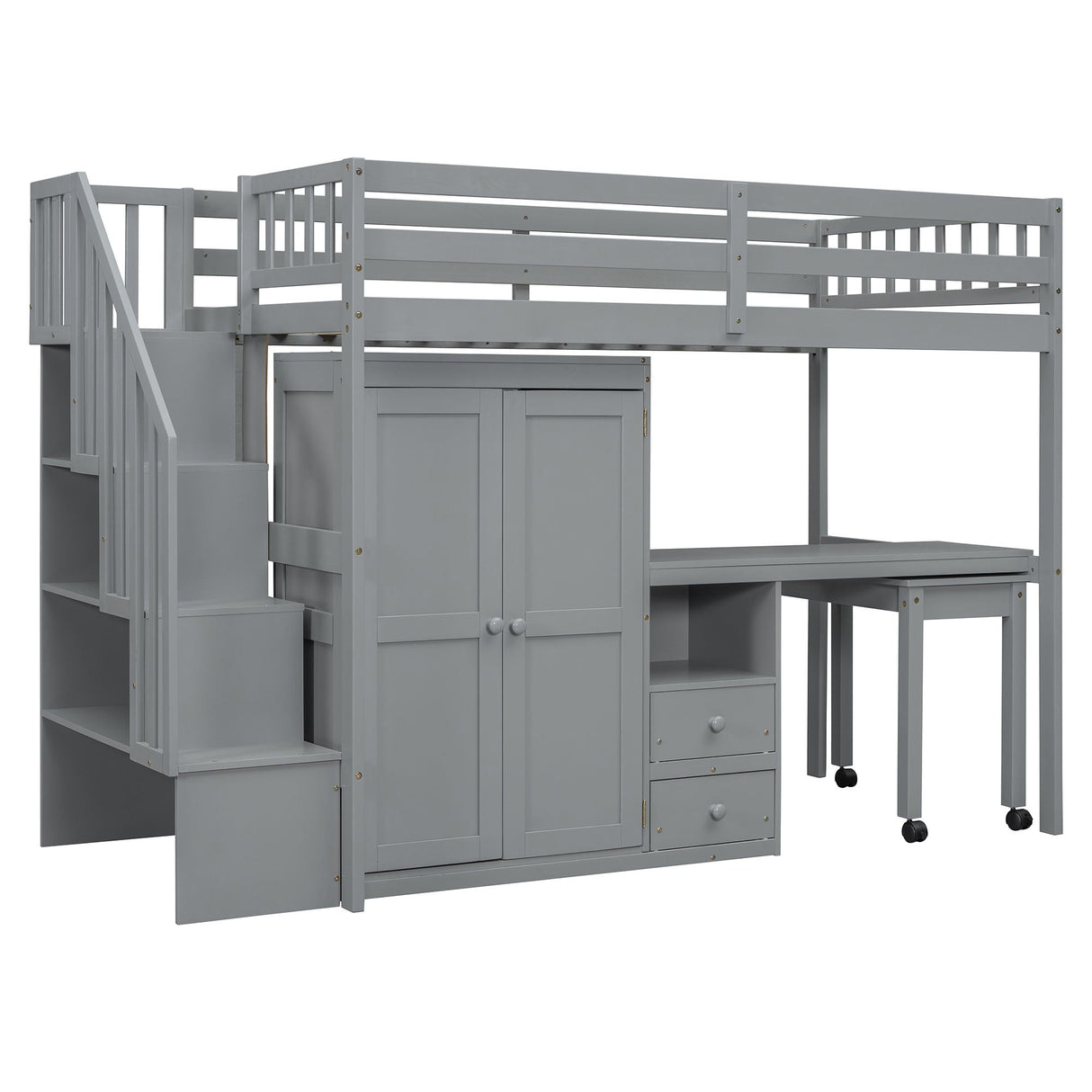 Loft Bed With Stairs, Bookshelf, Drawers, Desk & Wardrobe, Space Saving Multifunctional Furniture by Couch.com