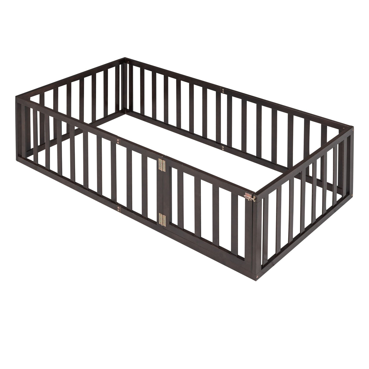 Twin Size Floor Bed Frame With Fence And Door - Walnut by Couch.com