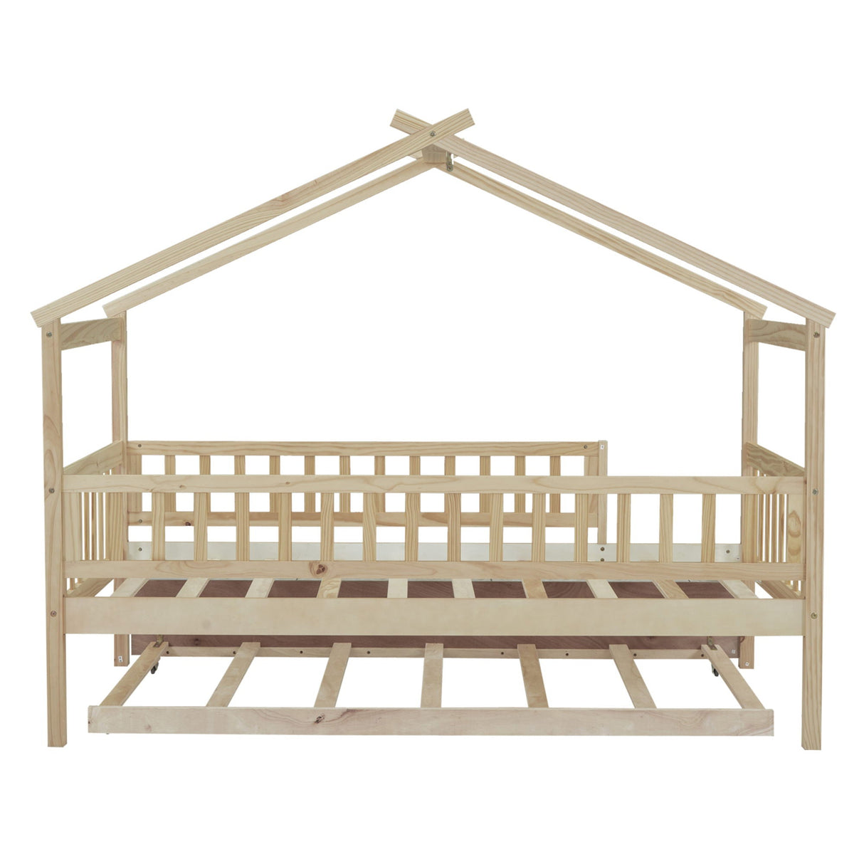The Creativity House Bed with Twin Size Trundle is a wooden house-shaped bed frame featuring a simple roof design, slatted base, and side rails. Its natural wood finish highlights its minimalist construction, ideal for a child's room.