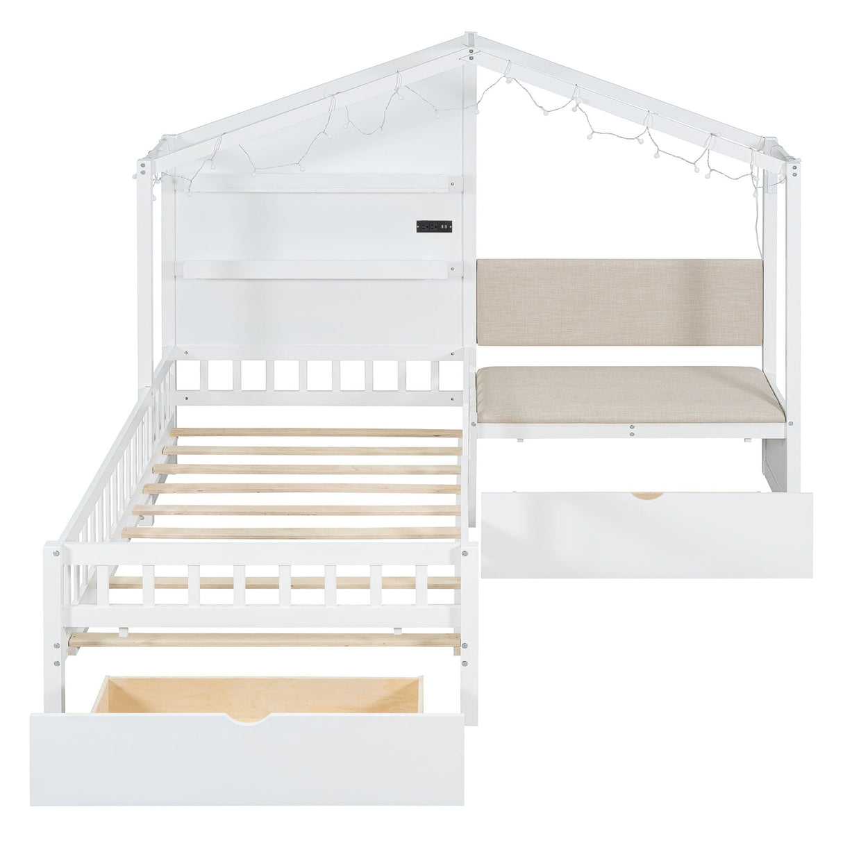 House Bed With Upholstered Sofa, Wireless Charging Station, Shelves And 2 Drawers by Couch.com