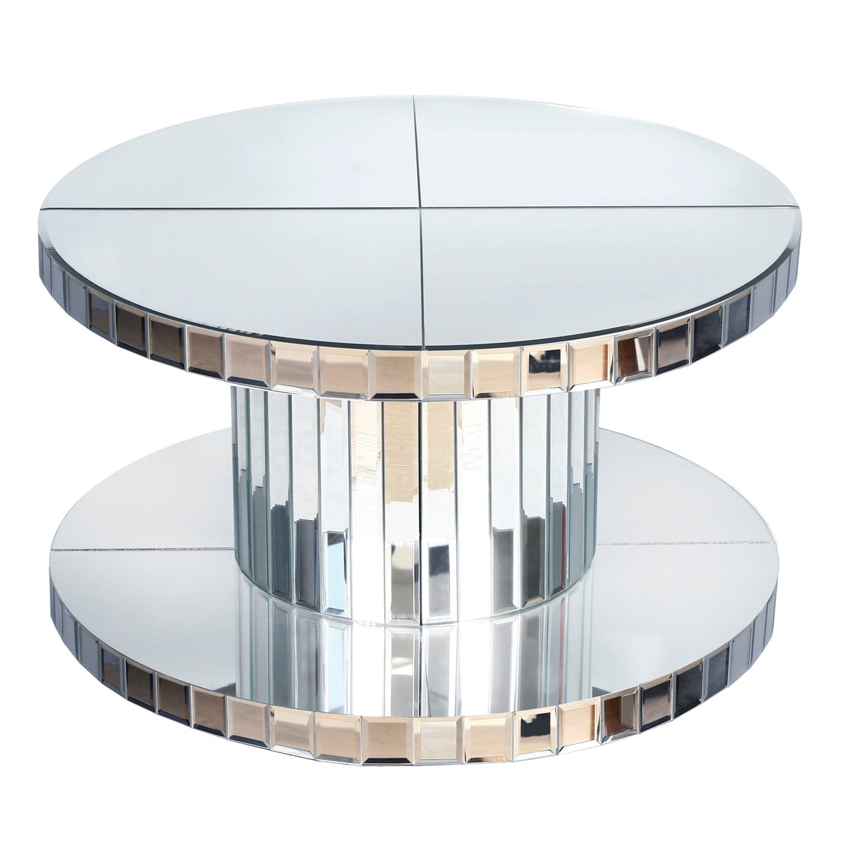 Luxury Double Tier Round Mirror Coffee & End Table With Fluted Glass Modern Sofa Side Table - Silver / Glass by Couch.com