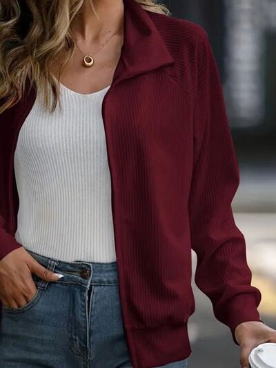 Simple White Zip Up Collared Neck Raglan Sleeve Jacket Comfortable Versatile Casual Women Wear