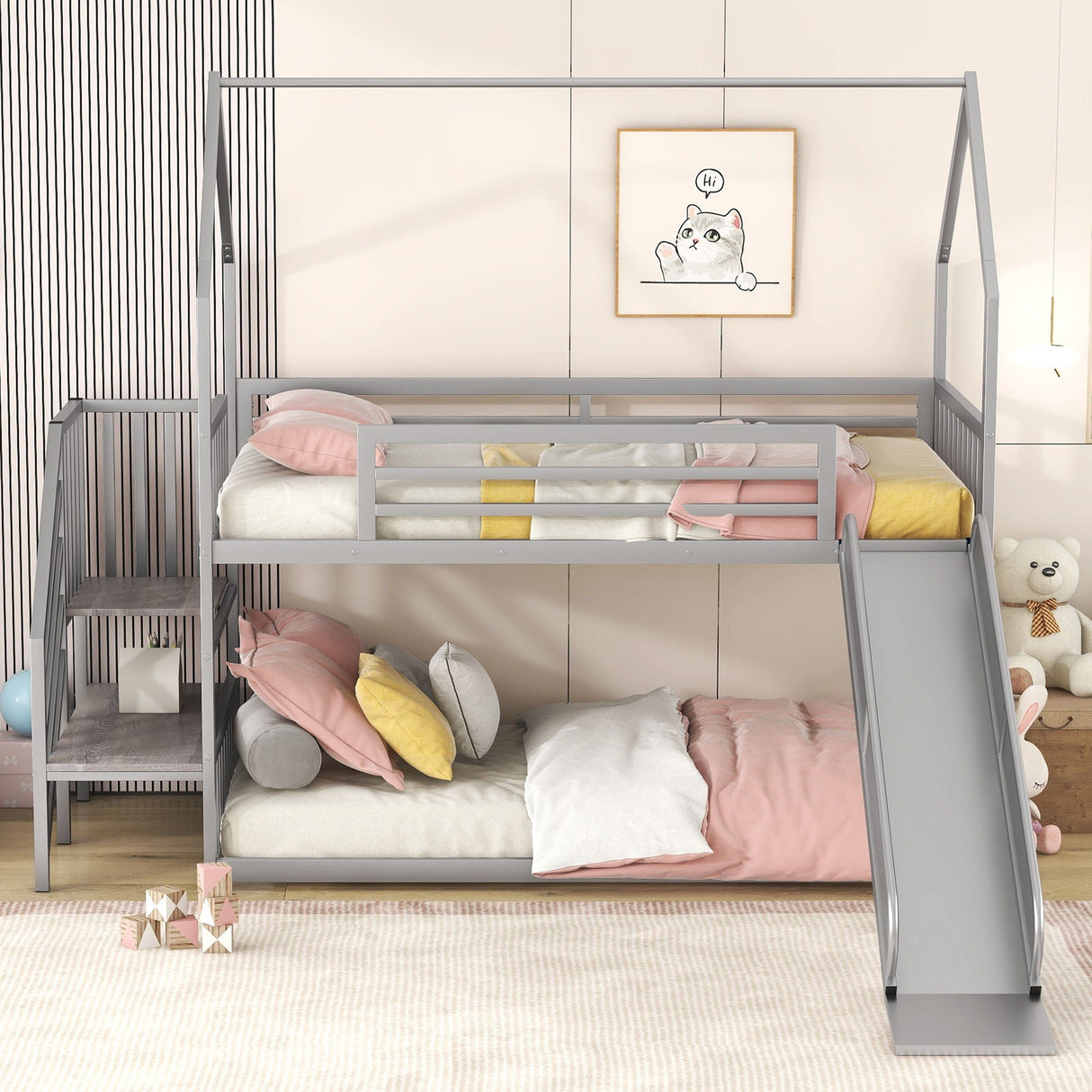 Twin Over Twin Metal Bunk Bed House Bed With Slide And Staircase by Couch.com