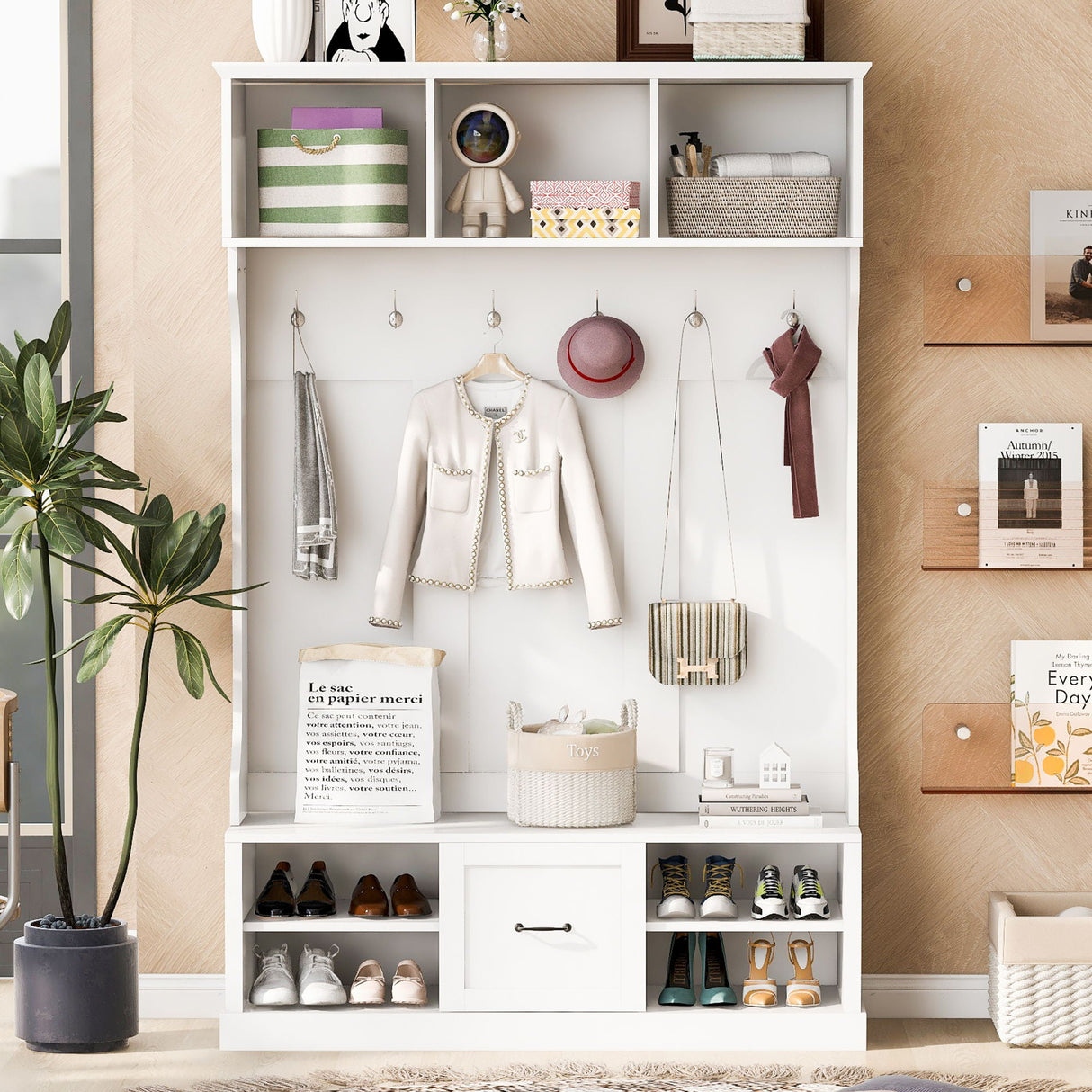 Hall Tree With 6 Hooks, Coat Hanger, Entryway Bench by Couch.com